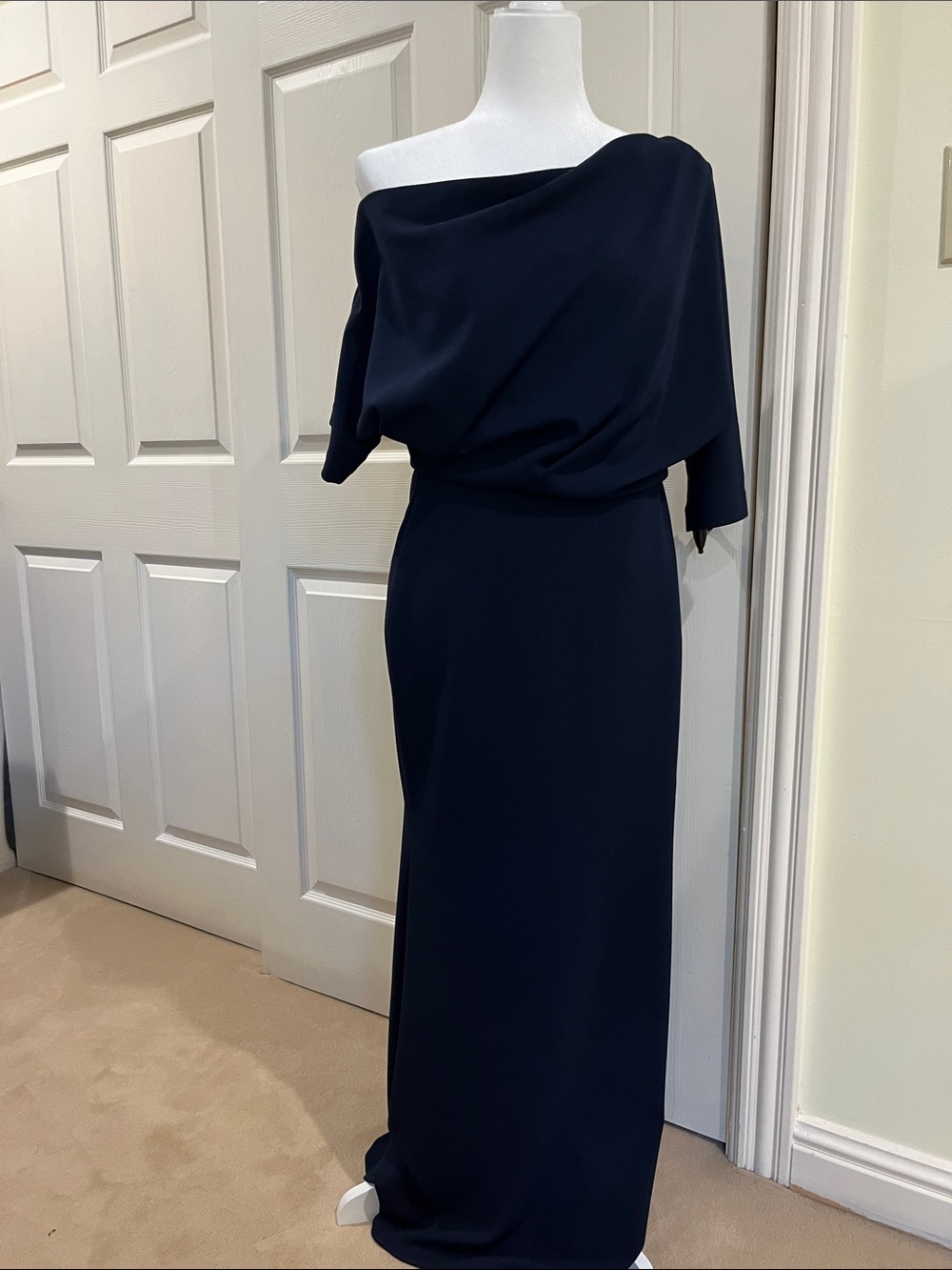 Betsy & Adam Off-Shoulder Navy Formal Gown